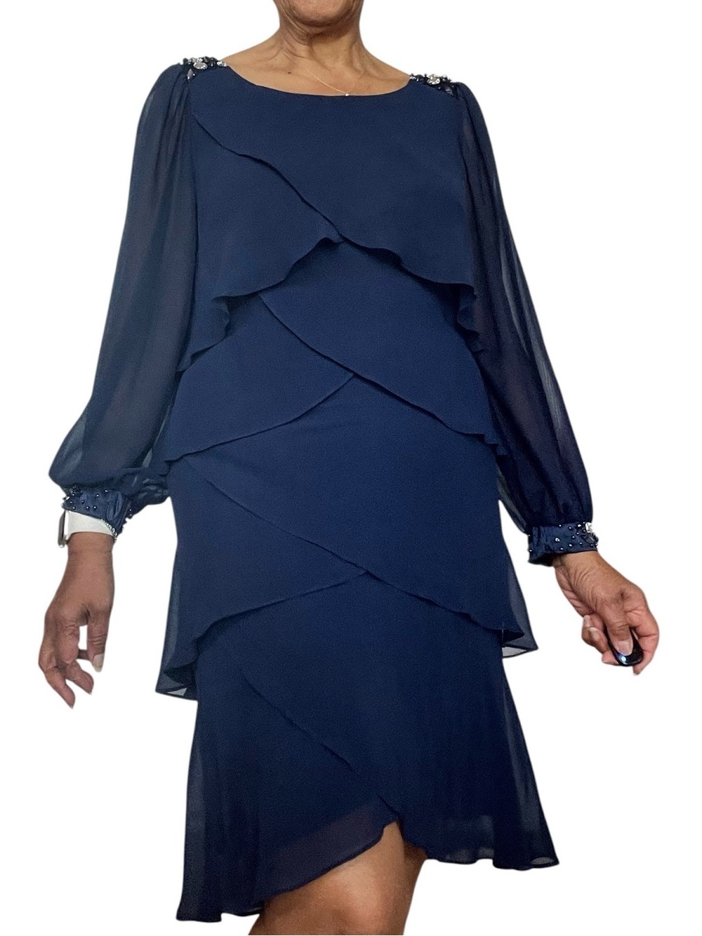SLNY Navy Blue Long Sleeve Layered Chiffon Dress